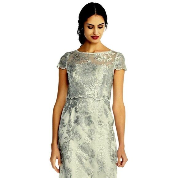 Adrianna Papell 2 Ornate Embroidered Floral Metallic Bateau Illusion Column Gown - Picture 3 of 10